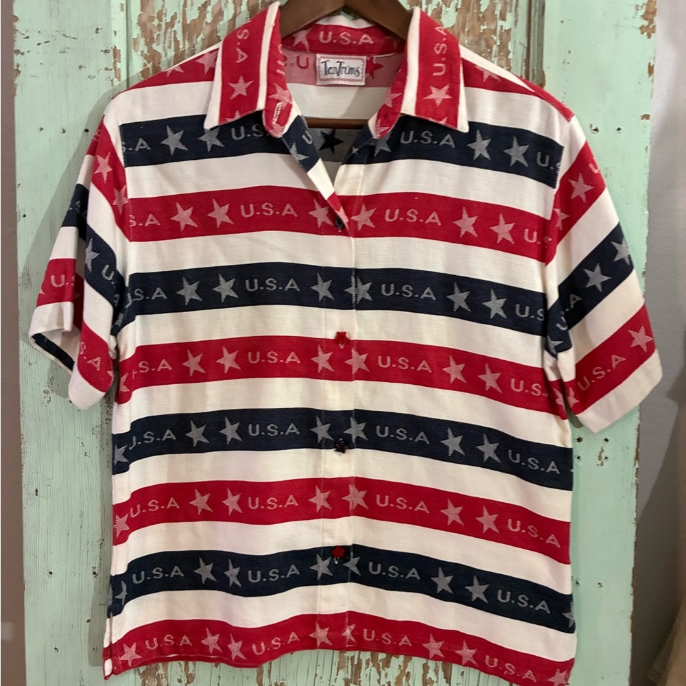 Women’s vintage Tantrums red white and blue striped button-up shirt
